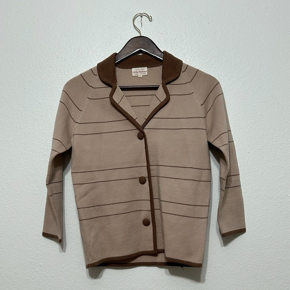 Fully Fashioned Tan &‎ Brown 100% Wool Button Up Cardigan Womens Size 10